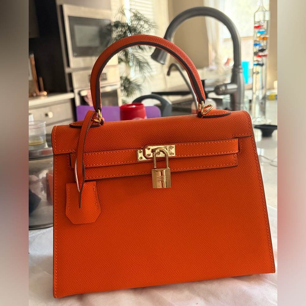Orange Leather Top-Handle Satchel with Gold Hardware - Picture 5 of 13